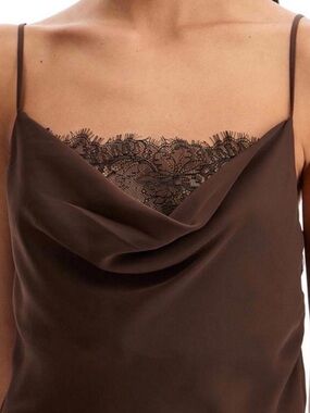 Brown Lace-Trim Cowl Midi Dress